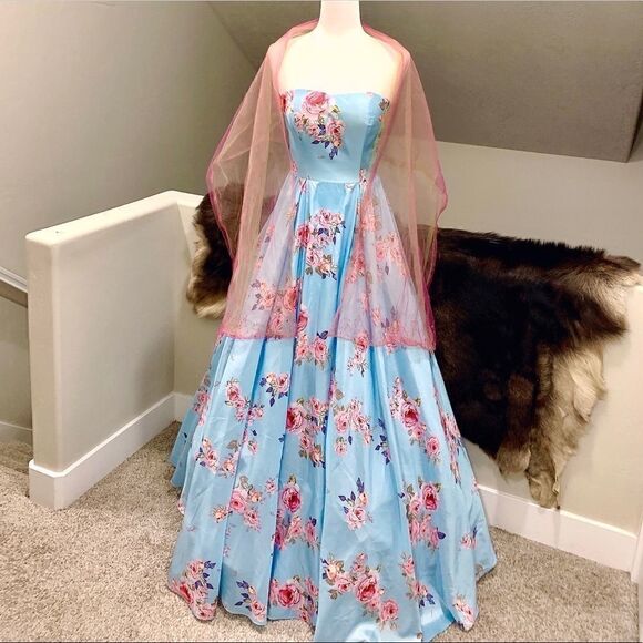 New Strapless Blue Floral Print Ball Gown With Sequined Shawl - Picture 4 of 15